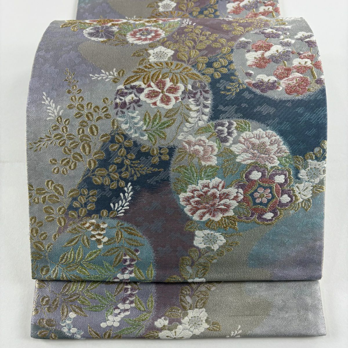【美品】 袋帶 秀品級 圓文 草花紋刺繡 金絲 青灰 六通 純蠶絲