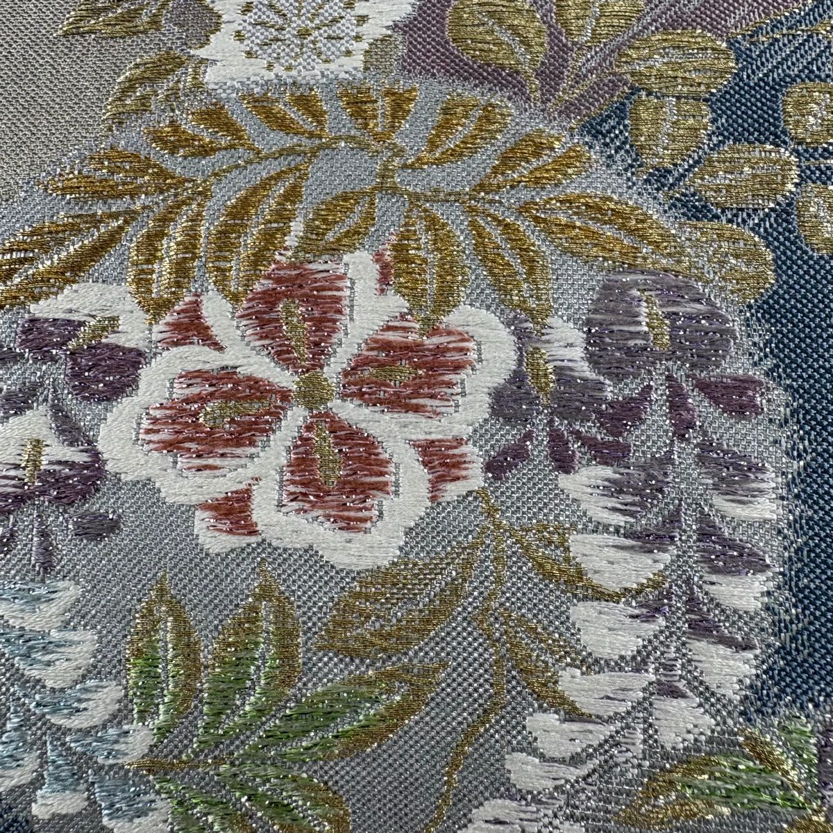 【美品】 袋帶 秀品級 圓文 草花紋刺繡 金絲 青灰 六通 純蠶絲
