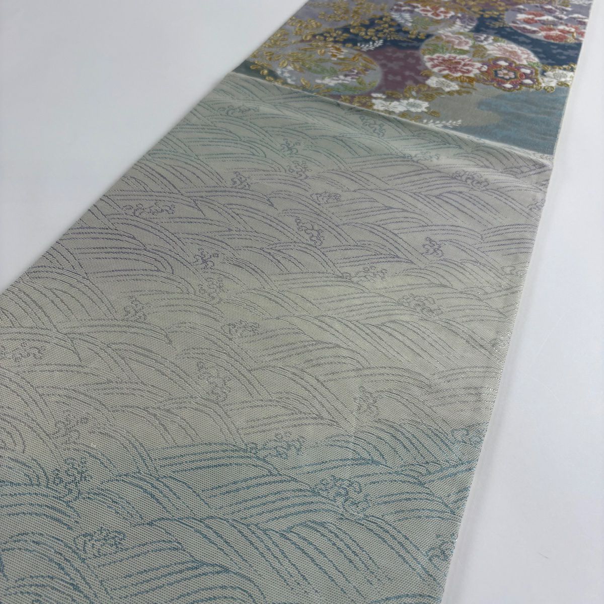 【美品】 袋帶 秀品級 圓文 草花紋刺繡 金絲 青灰 六通 純蠶絲
