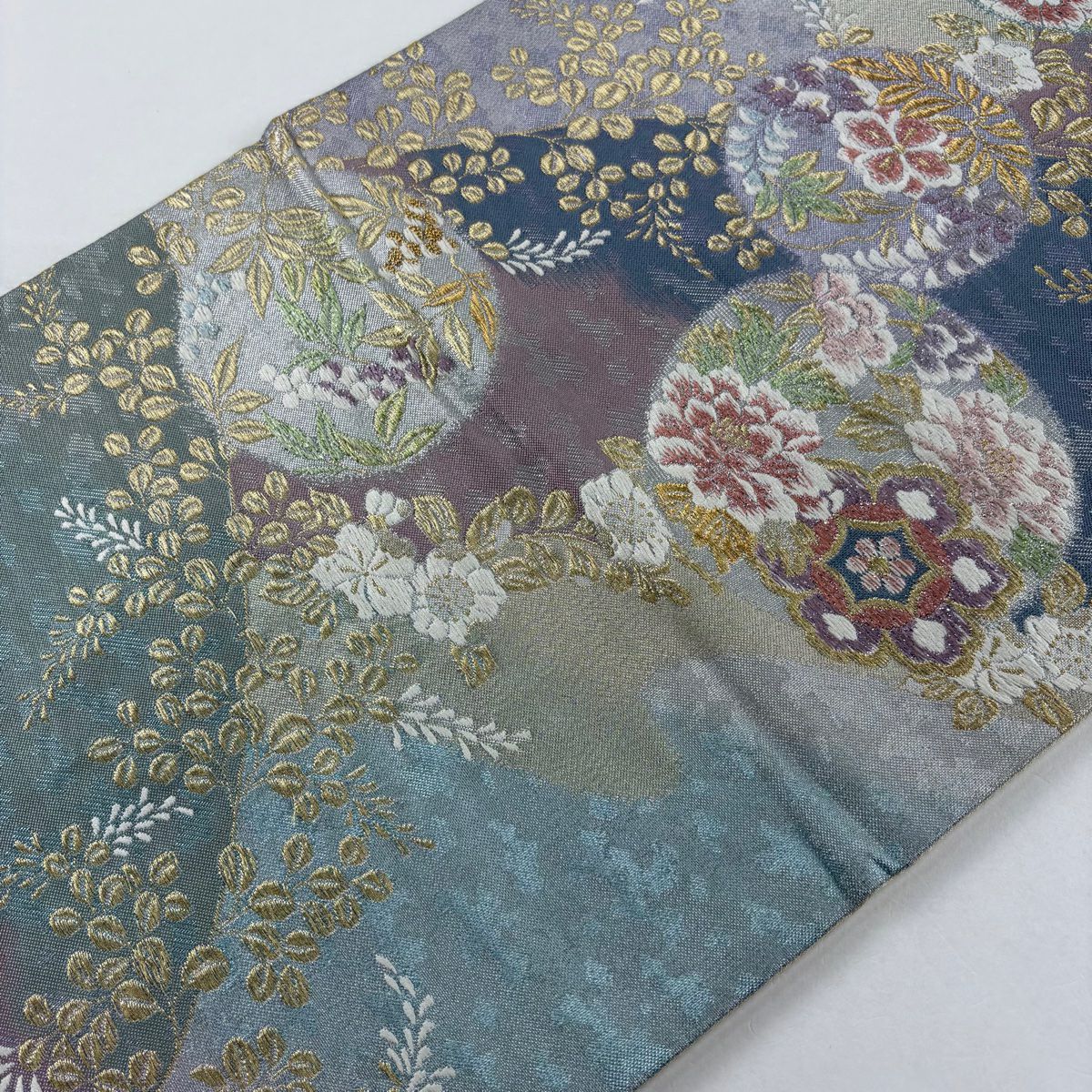 【美品】 袋帶 秀品級 圓文 草花紋刺繡 金絲 青灰 六通 純蠶絲