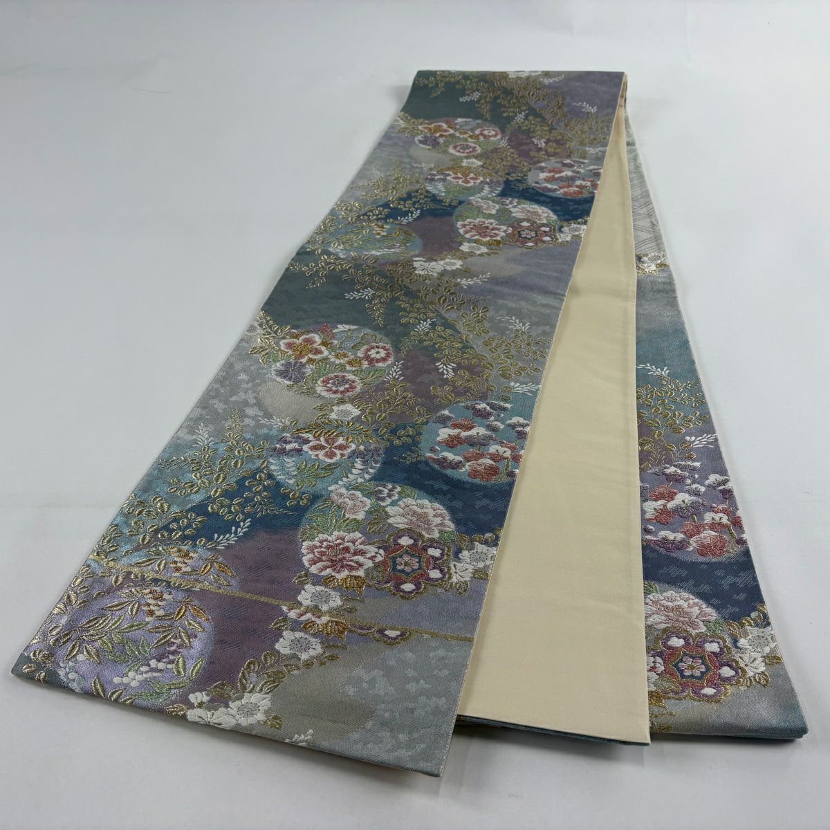 【美品】 袋帶 秀品級 圓文 草花紋刺繡 金絲 青灰 六通 純蠶絲