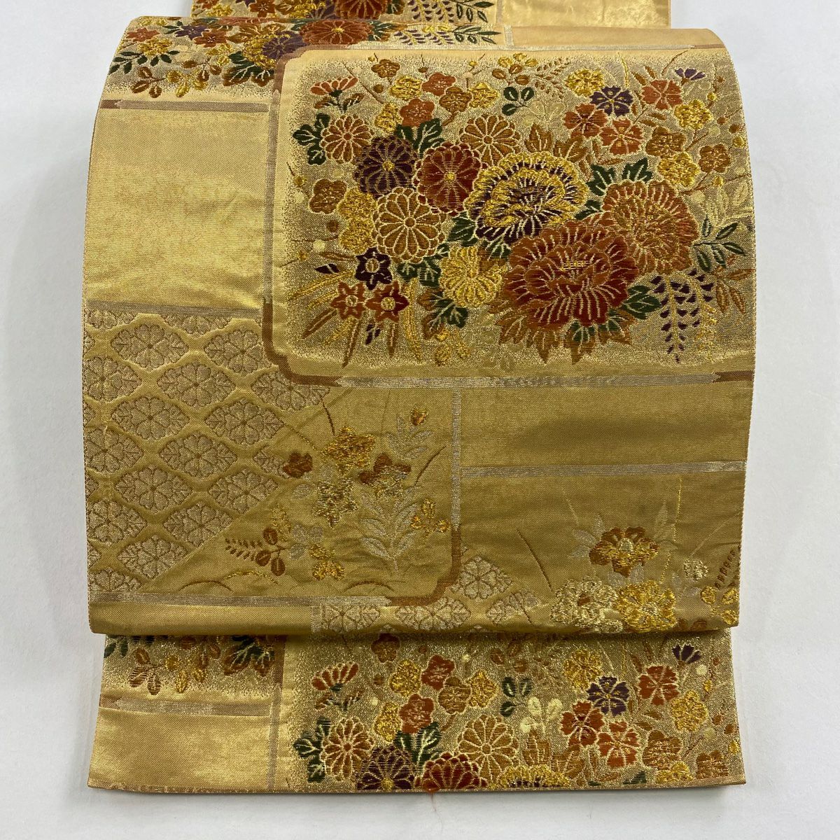 袋帶 秀品級 草花紋 金絲 金金箔 金 六通 純蠶絲