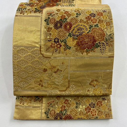 袋帶 秀品級 草花紋 金絲 金金箔 金 六通 純蠶絲