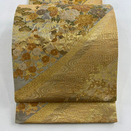 袋帶 秀品級 草花紋紋 鴛鴦 唐織 金金箔 金色 六通 純蠶絲