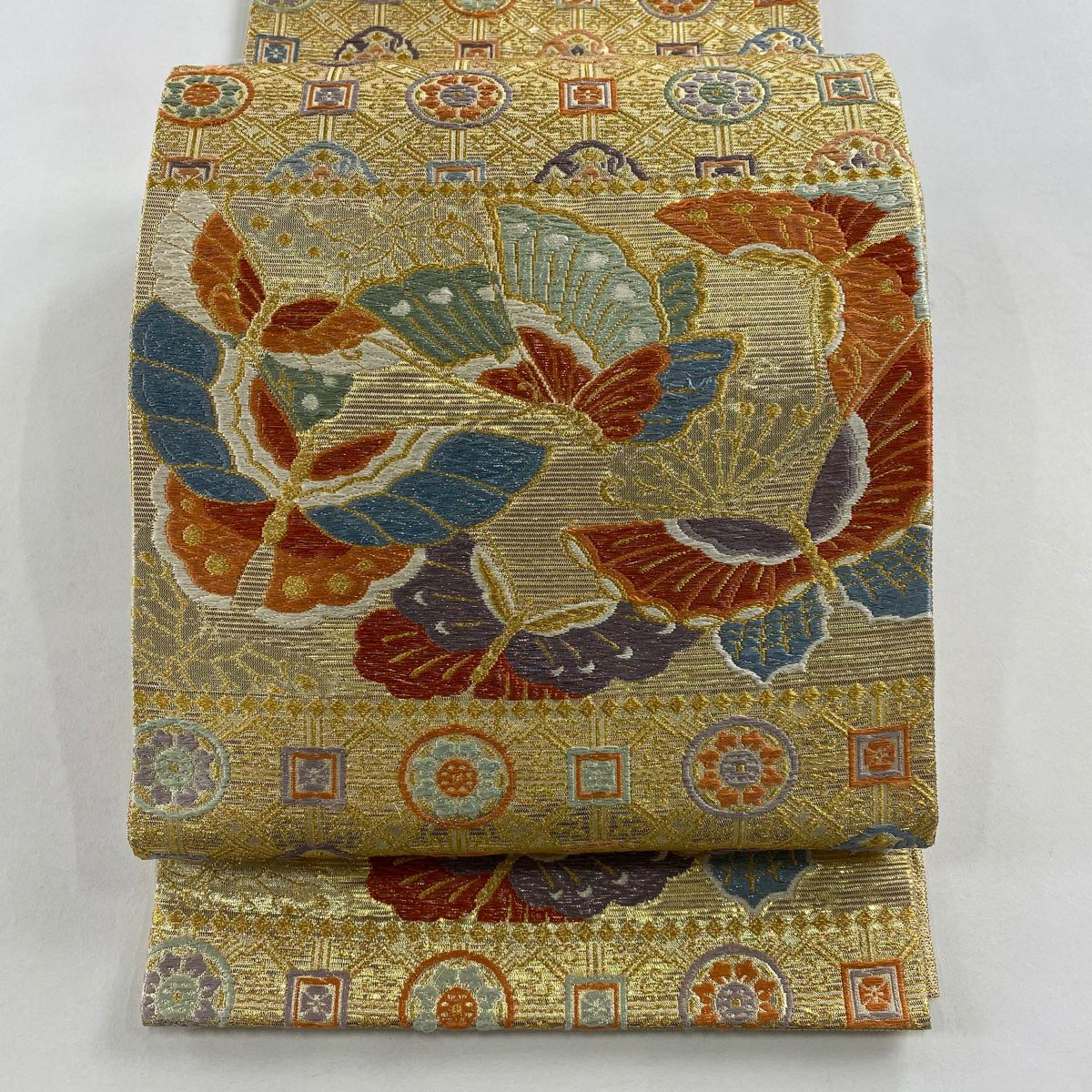 袋帶 秀品級 蝶花紋 唐織 金金箔 金色 六通 純蠶絲