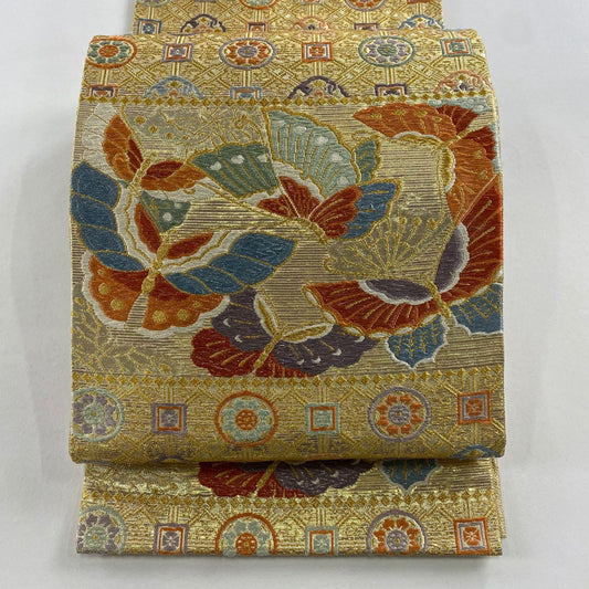 袋帶 秀品級 蝶花紋 唐織 金金箔 金色 六通 純蠶絲
