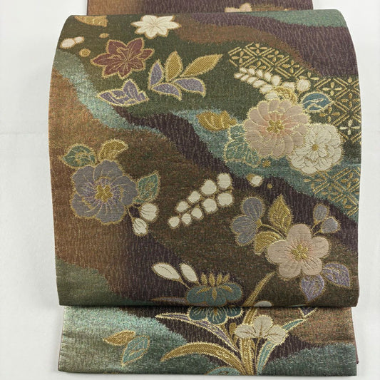 【美品】 袋帶 優品級 草花紋 道長取 金金箔 金絲 茶紫 大鼓圖案 純蠶絲