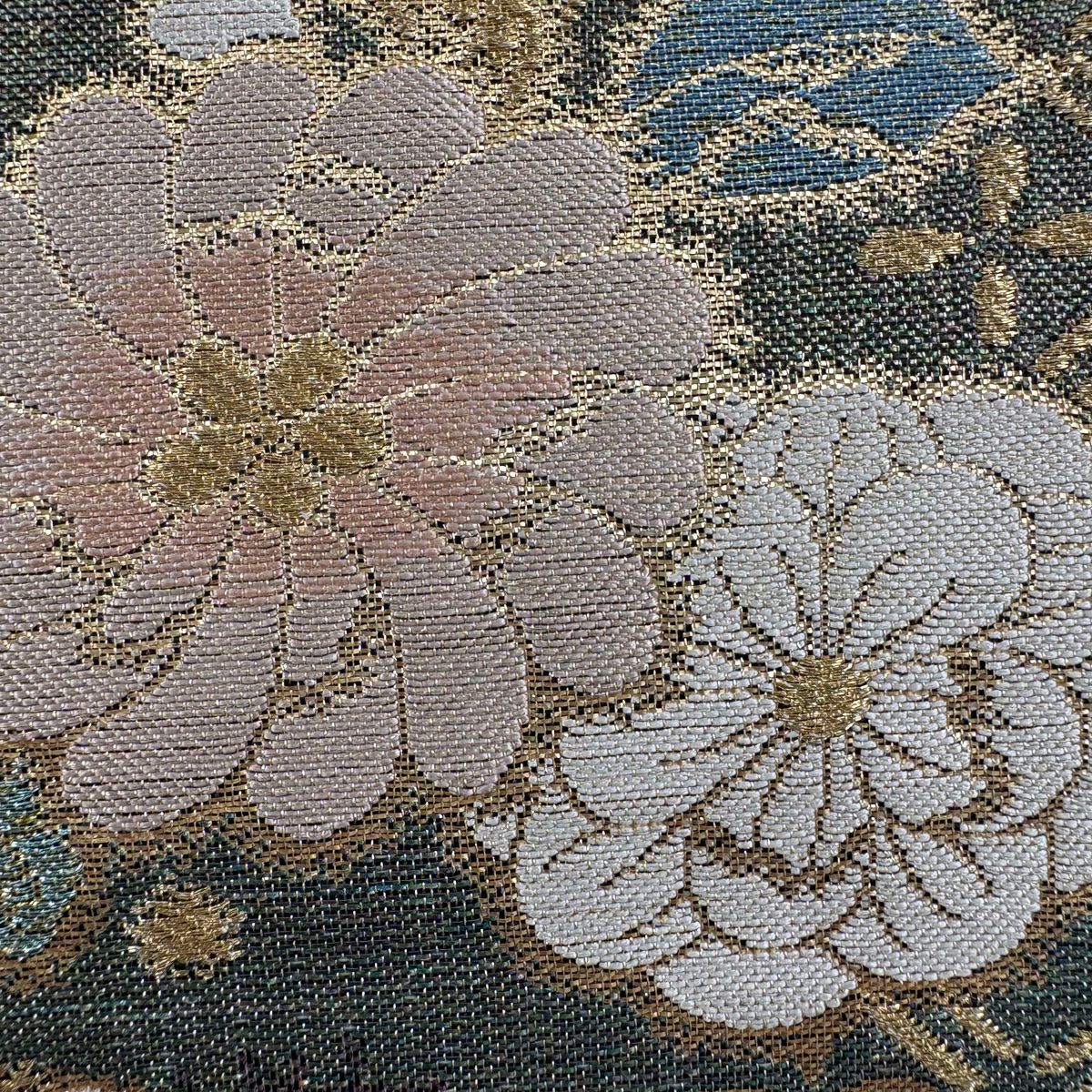 【美品】 袋帶 優品級 草花紋 道長取 金金箔 金絲 茶紫 大鼓圖案 純蠶絲