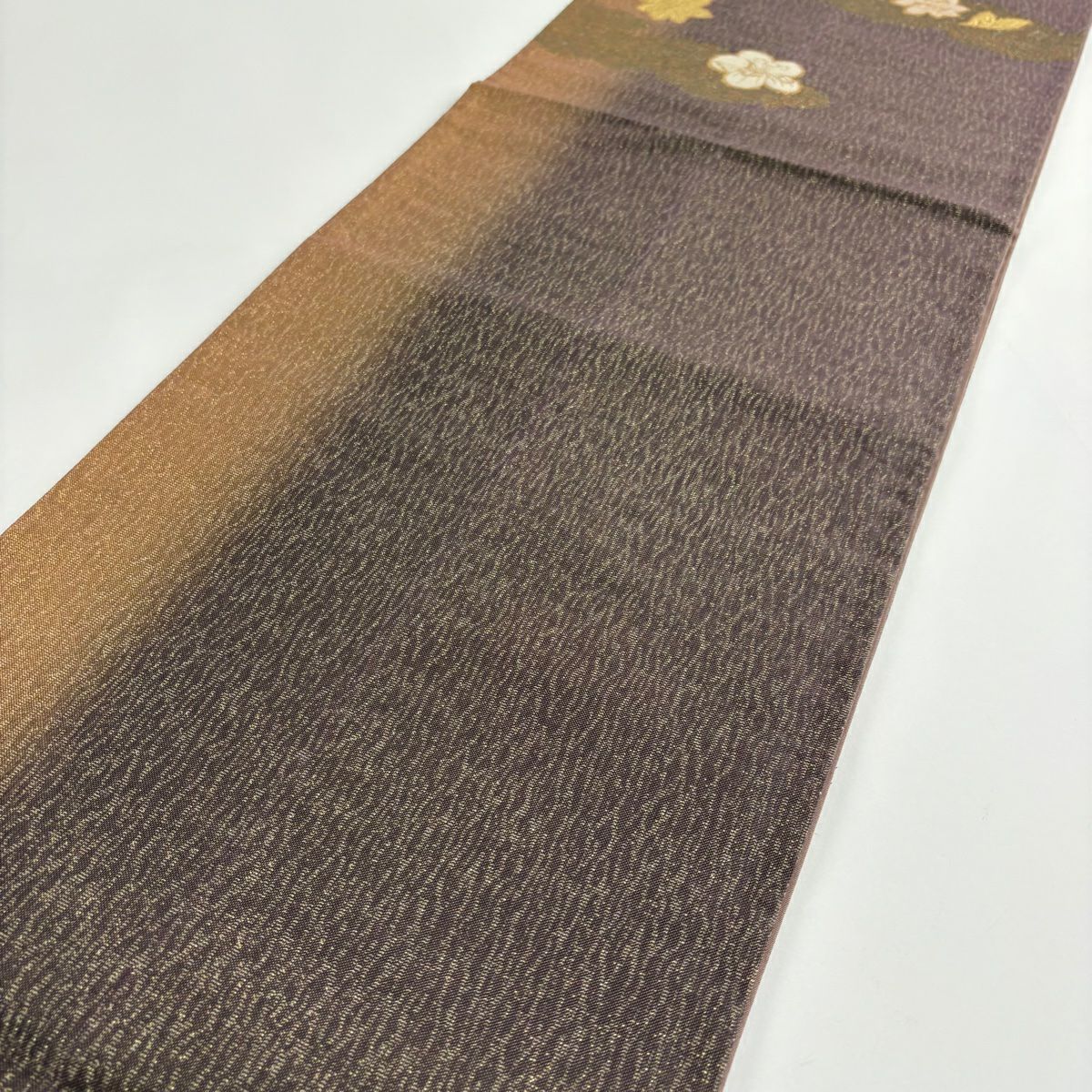 【美品】 袋帶 優品級 草花紋 道長取 金金箔 金絲 茶紫 大鼓圖案 純蠶絲
