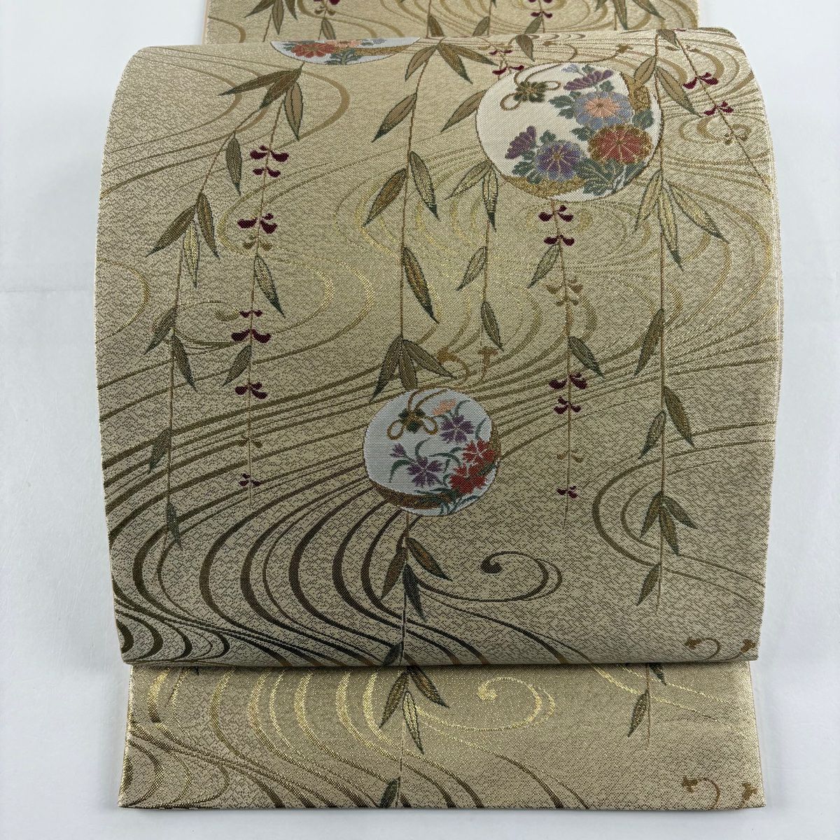 【美品】 袋帶 秀品級 草花紋 流水 金金箔 金絲 米色 六通 純蠶絲