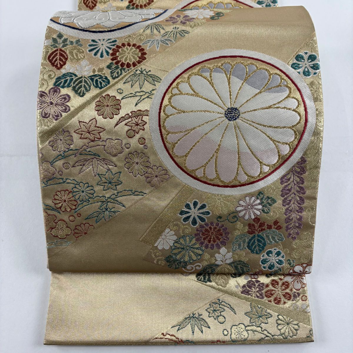 【美品】 袋帶 秀品級 菊花 桐 金金箔 金銀彩 金色 六通 純蠶絲