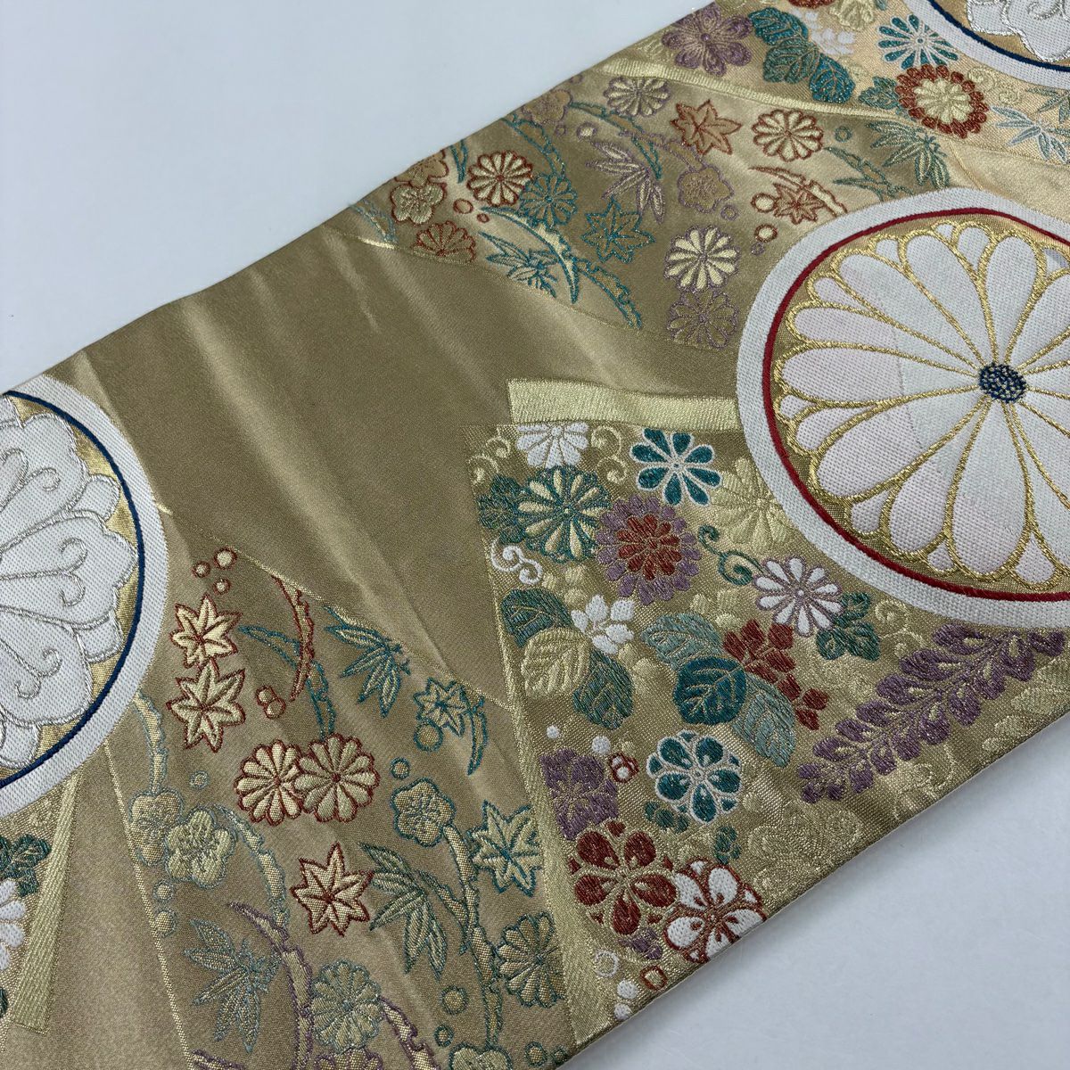 【美品】 袋帶 秀品級 菊花 桐 金金箔 金銀彩 金色 六通 純蠶絲