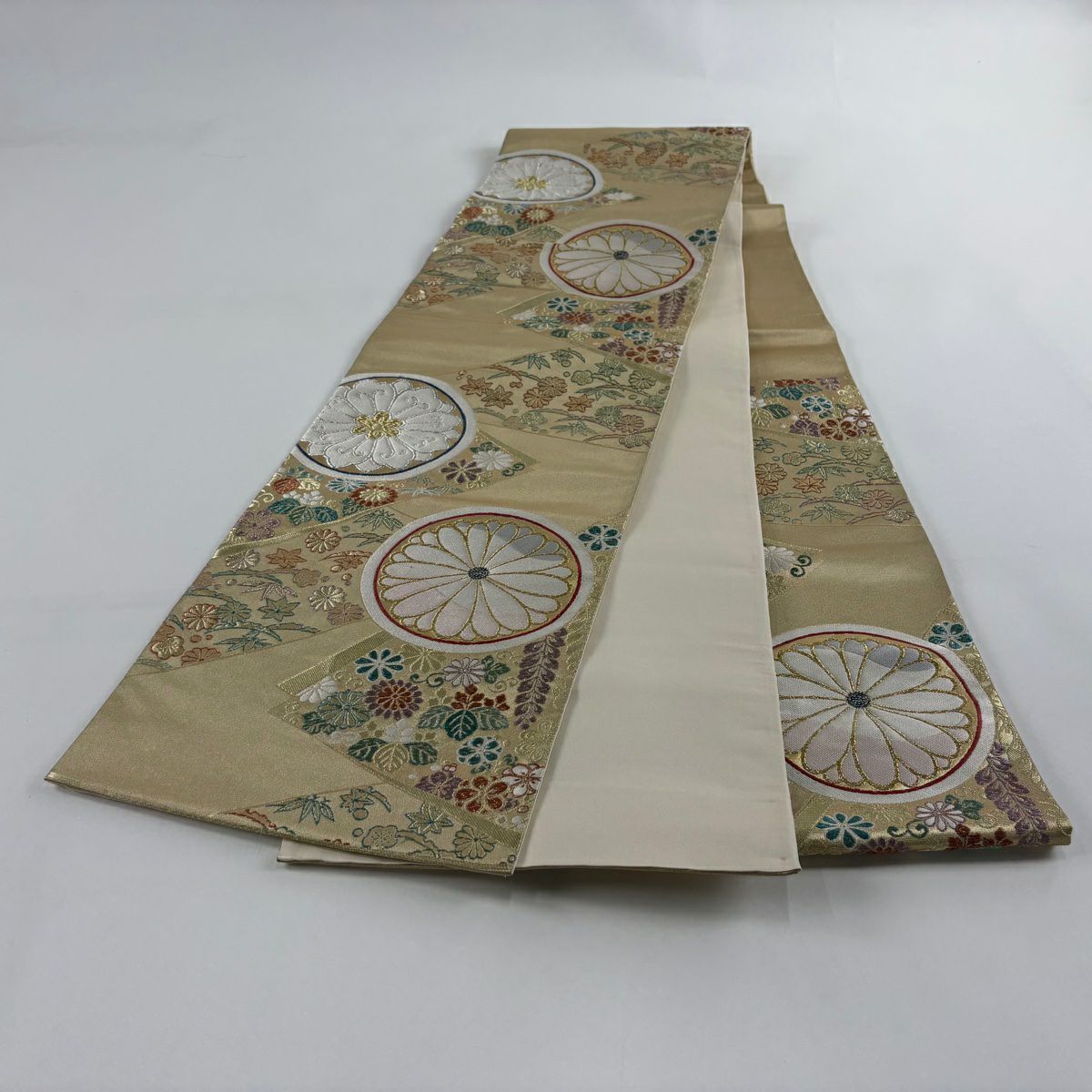 【美品】 袋帶 秀品級 菊花 桐 金金箔 金銀彩 金色 六通 純蠶絲
