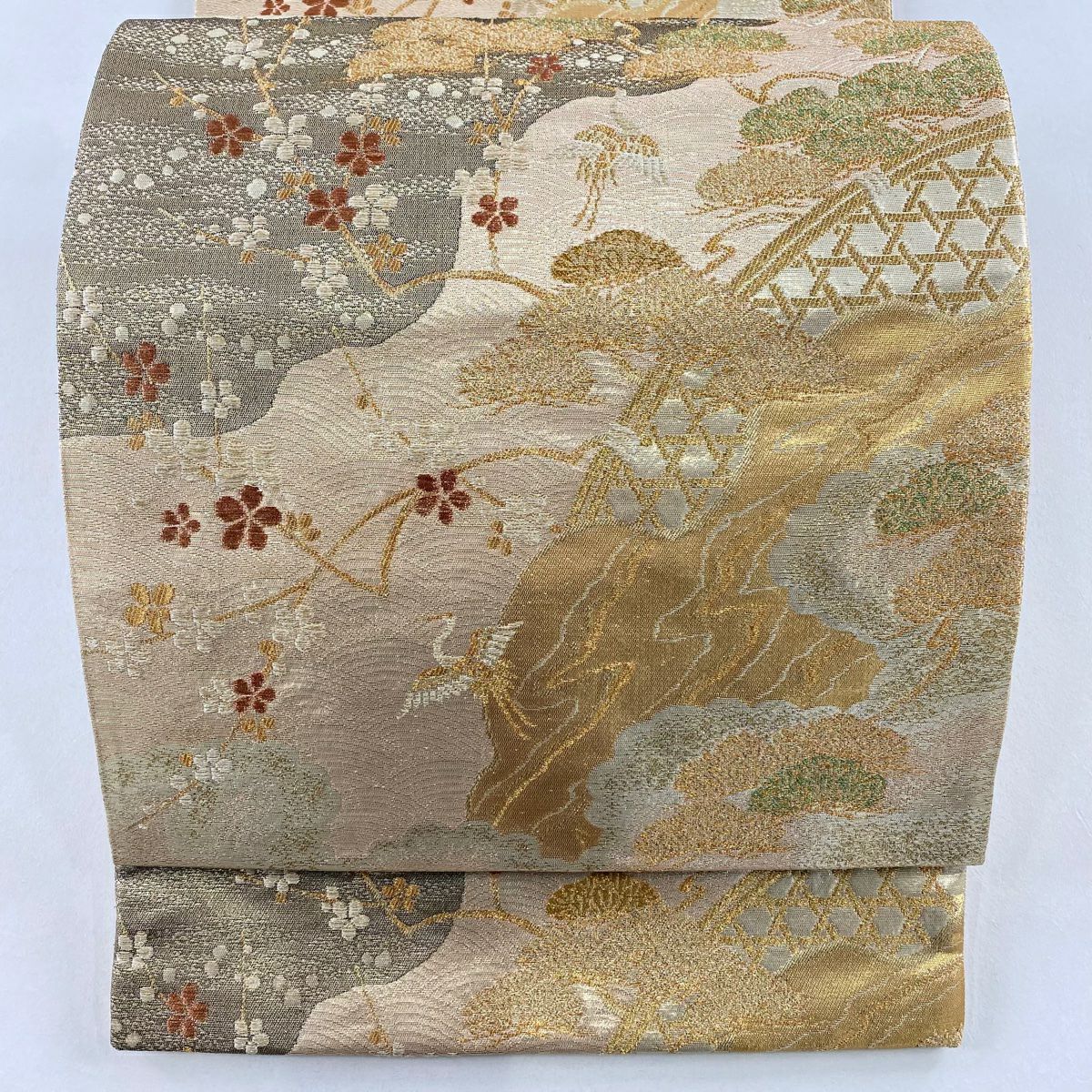 【美品】 袋帶 秀品級 仙鶴 松樹 金絲 金金箔 金色 六通 純蠶絲