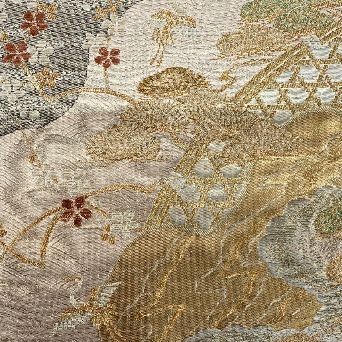【美品】 袋帶 秀品級 仙鶴 松樹 金絲 金金箔 金色 六通 純蠶絲