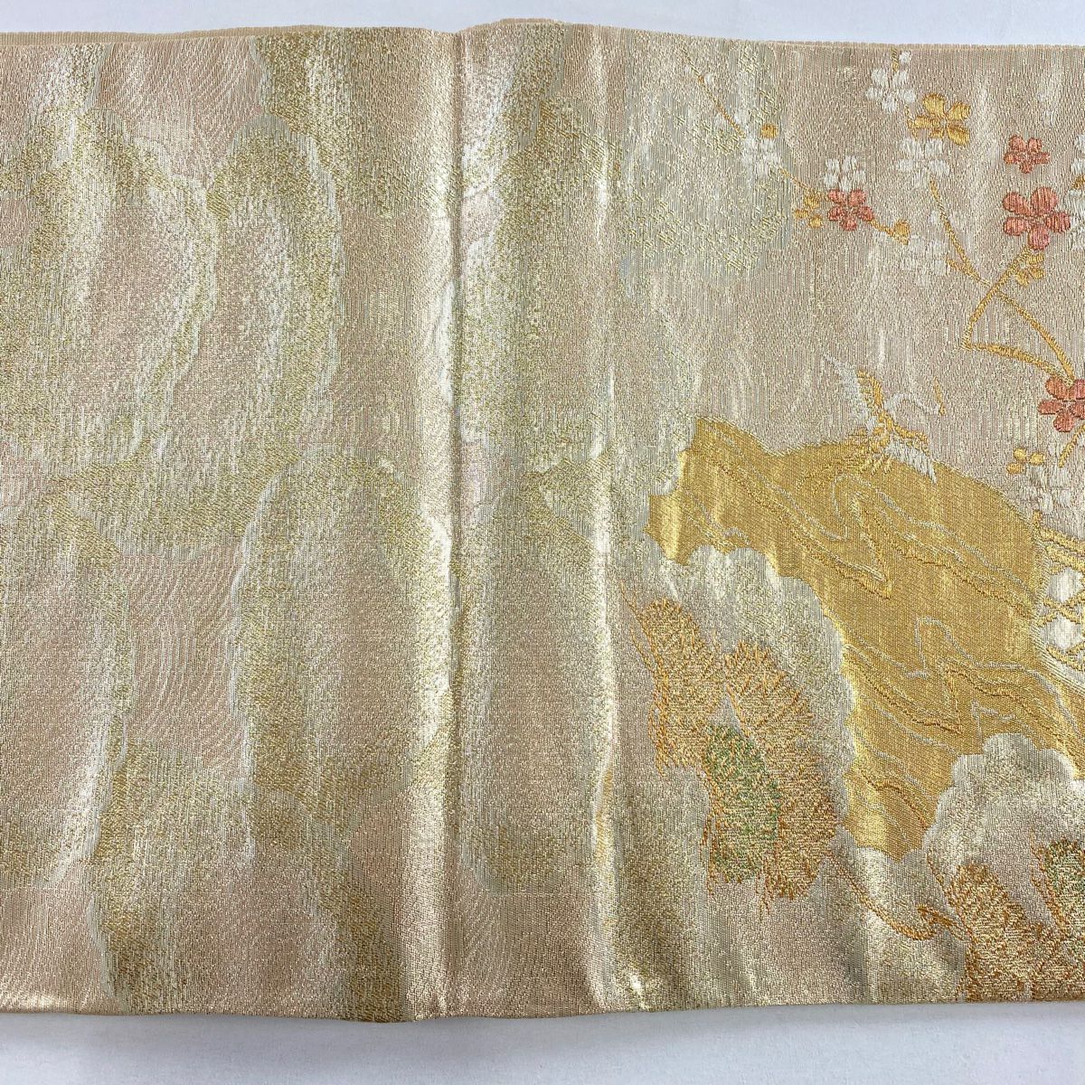【美品】 袋帶 秀品級 仙鶴 松樹 金絲 金金箔 金色 六通 純蠶絲