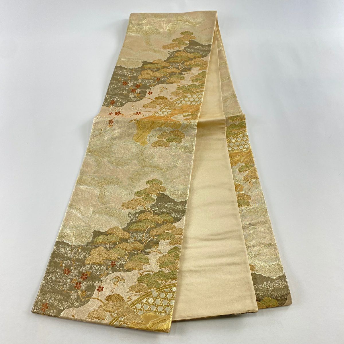 【美品】 袋帶 秀品級 仙鶴 松樹 金絲 金金箔 金色 六通 純蠶絲