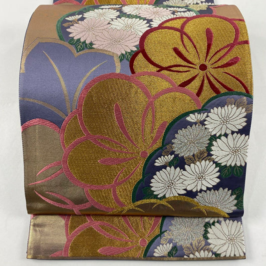 袋帶 秀品級 梅花 菊花 金銀彩 唐織 灰紫 全通 純蠶絲