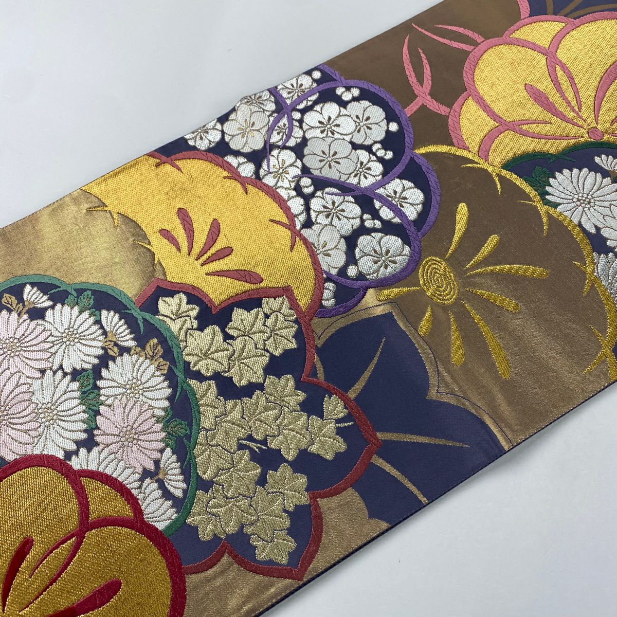 袋帶 秀品級 梅花 菊花 金銀彩 唐織 灰紫 全通 純蠶絲