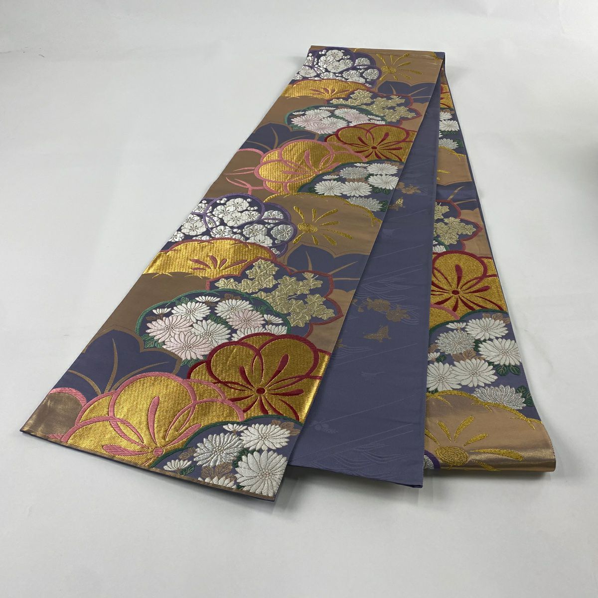 袋帶 秀品級 梅花 菊花 金銀彩 唐織 灰紫 全通 純蠶絲