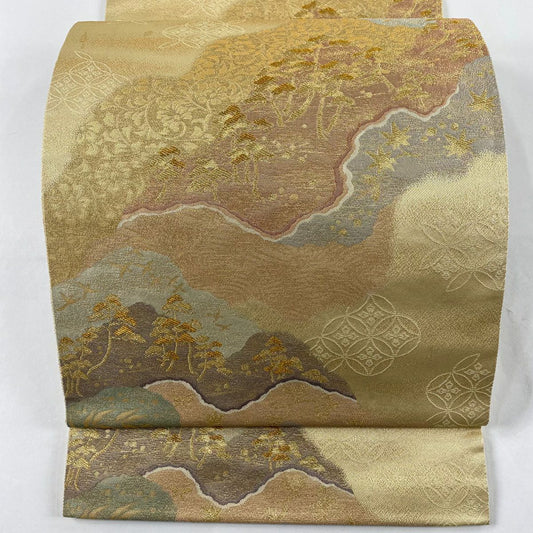 袋帶 秀品級 笠松樹 道長取 金絲 金金箔 米色 六通 純蠶絲