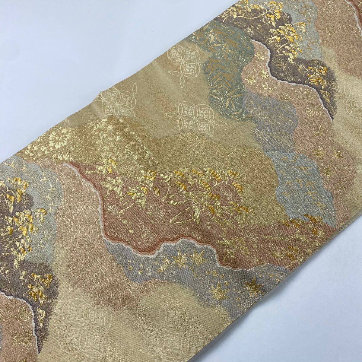 袋帶 秀品級 笠松樹 道長取 金絲 金金箔 米色 六通 純蠶絲