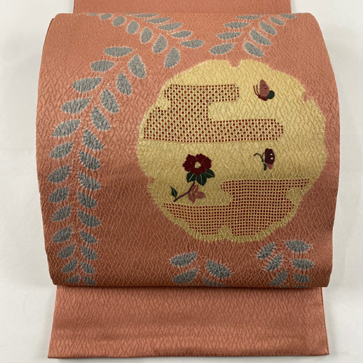 袋帶 秀品級 雪輪 蝶 刺繡 絞染 粉紅 お太鼓圖案 純蠶絲