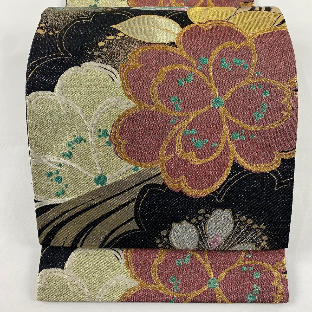 袋帶 秀品級 櫻花 流水 金絲 金金箔 黑 六通 純蠶絲