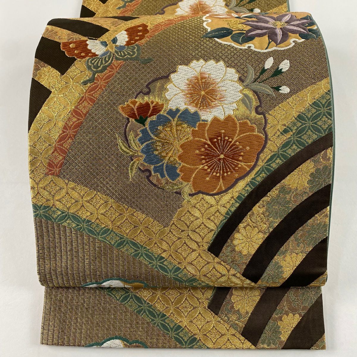 【美品】 袋帶 秀品級 蝶 櫻花 唐織 金金箔 金色 六通 純蠶絲