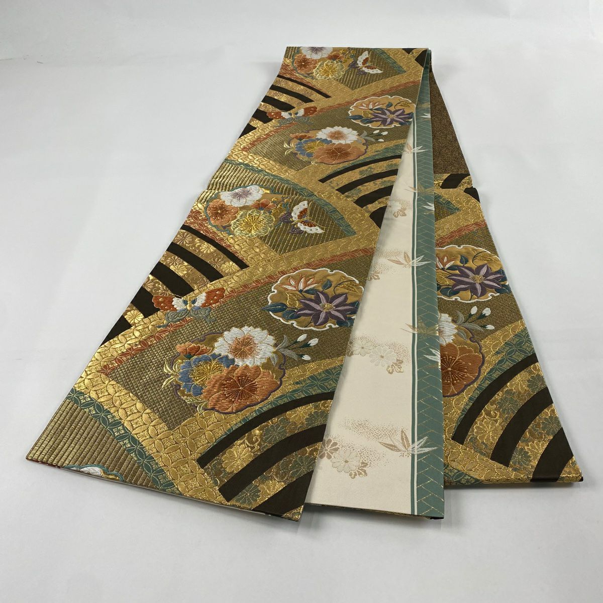 【美品】 袋帶 秀品級 蝶 櫻花 唐織 金金箔 金色 六通 純蠶絲