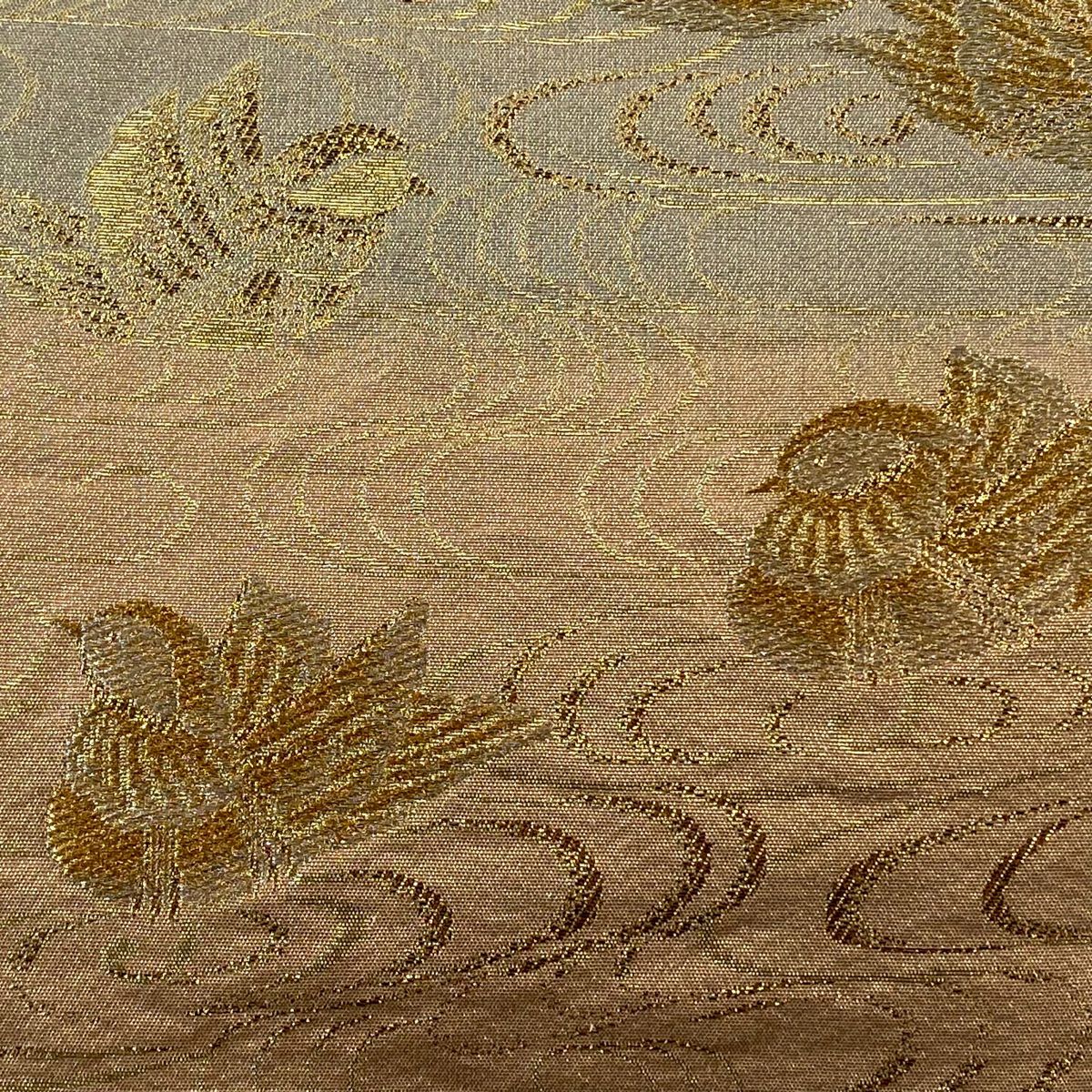 【美品】 袋帶 秀品級 鴛鴦 流水 金銀彩 金金箔 粉米色 六通 純蠶絲