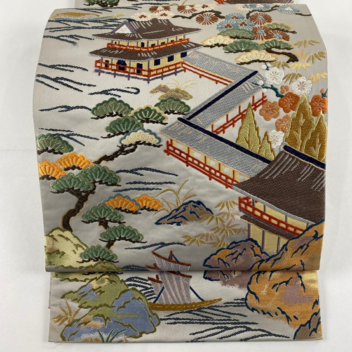 袋帶 秀品級 附有落款 建築 松樹竹子梅花 金金箔 唐織 灰色 六通 純蠶絲