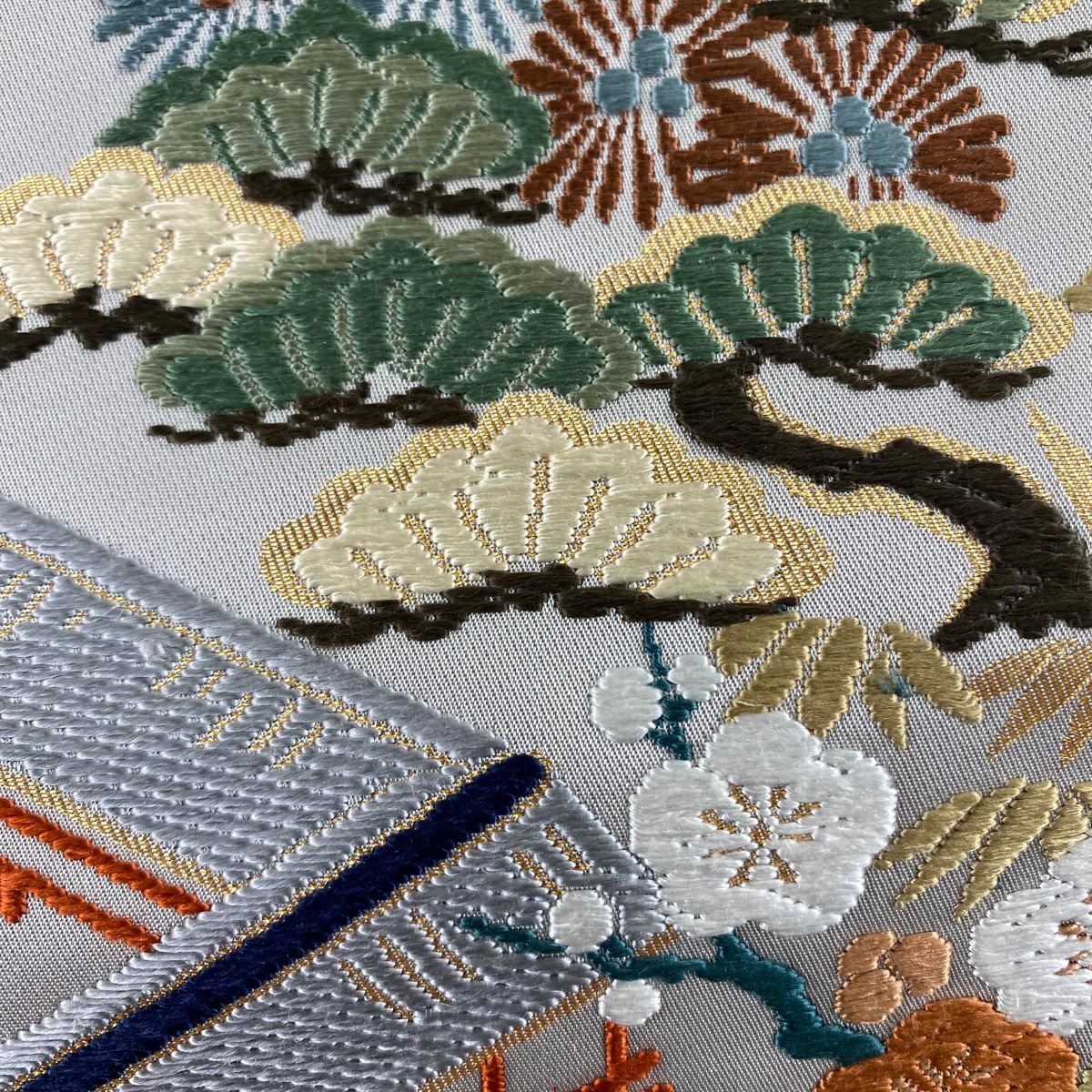 袋帶 秀品級 附有落款 建築 松樹竹子梅花 金金箔 唐織 灰色 六通 純蠶絲