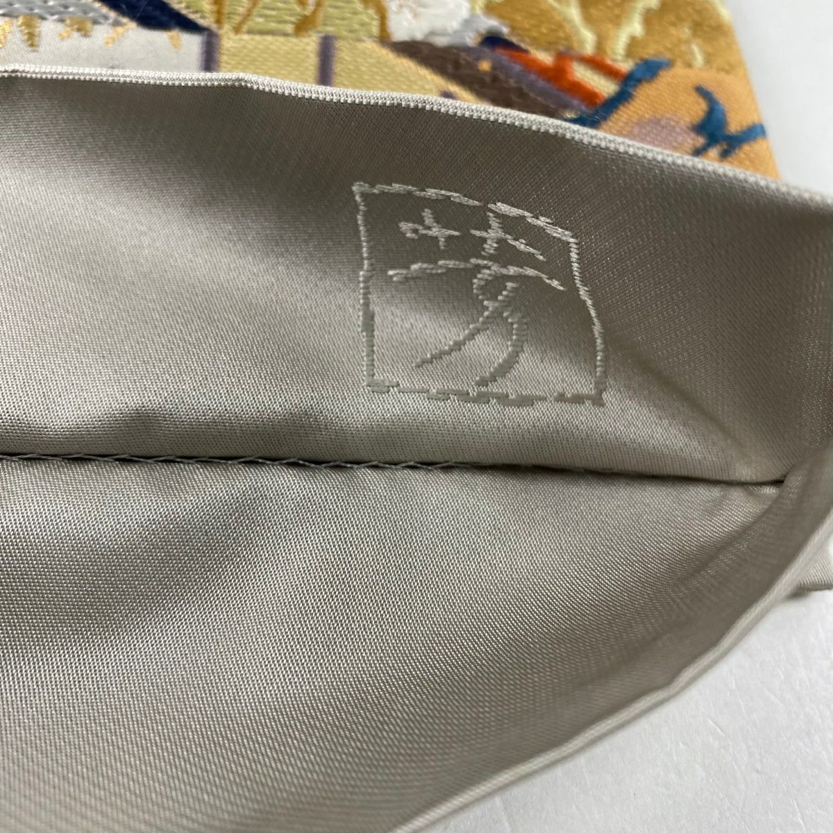 袋帶 秀品級 附有落款 建築 松樹竹子梅花 金金箔 唐織 灰色 六通 純蠶絲
