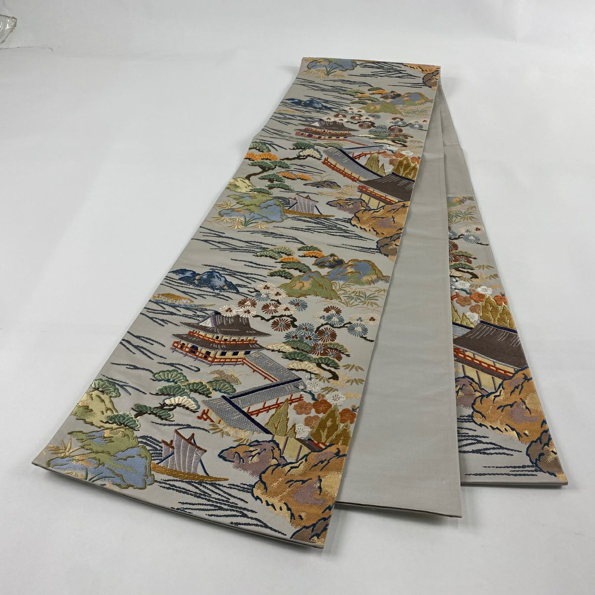 袋帶 秀品級 附有落款 建築 松樹竹子梅花 金金箔 唐織 灰色 六通 純蠶絲