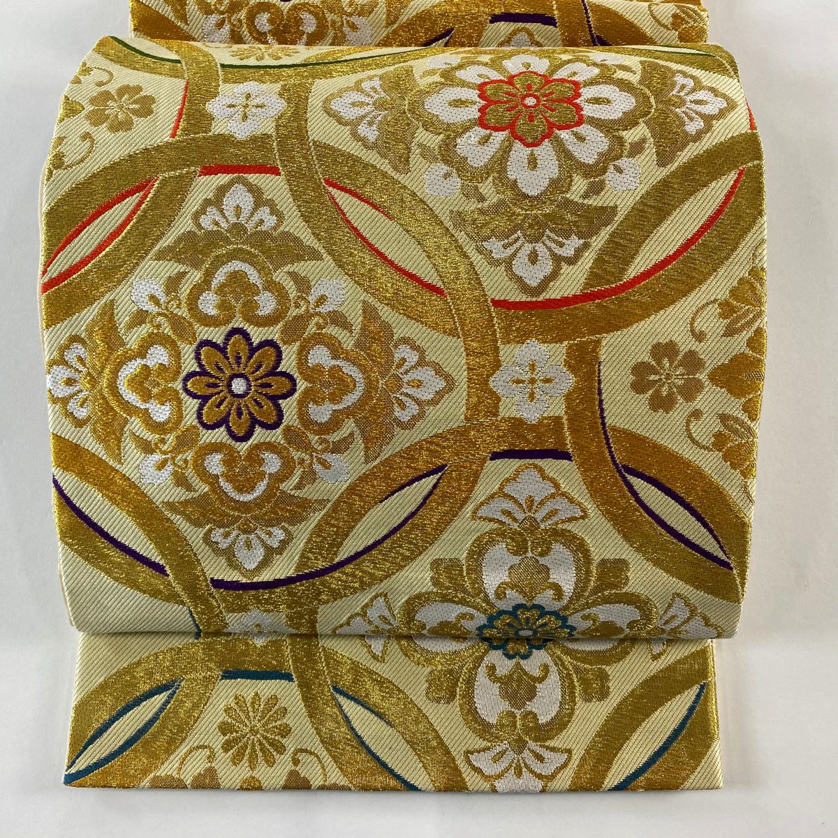 【美品】 袋帶 秀品級 華紋 花菱 金絲 金金箔 金色 六通 純蠶絲