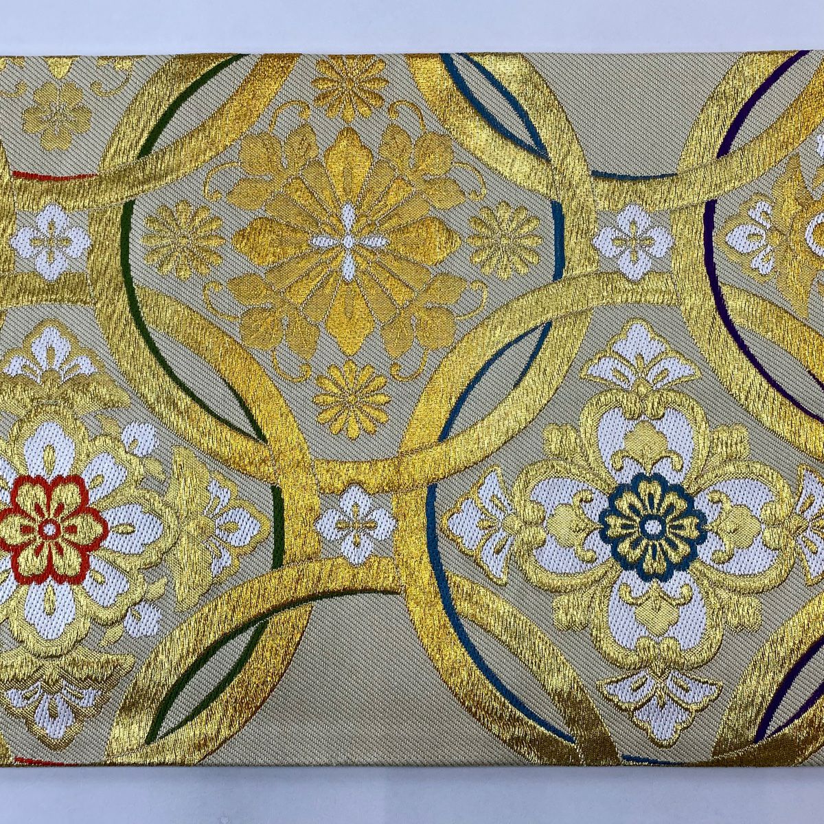 【美品】 袋帶 秀品級 華紋 花菱 金絲 金金箔 金色 六通 純蠶絲