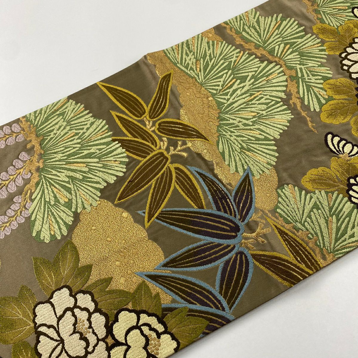 【美品】 袋帶 秀品級 慶賀吉祥紋 金金箔 唐織 灰茶 六通 純蠶絲