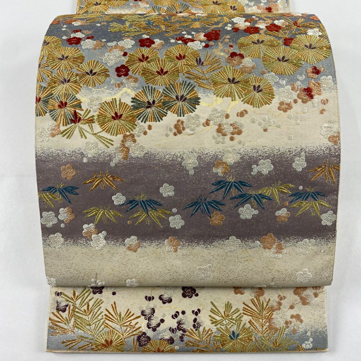 袋帶 秀品級 關西仕立 松樹竹子梅花 金糸 金金箔 奶油 六通 純蠶絲