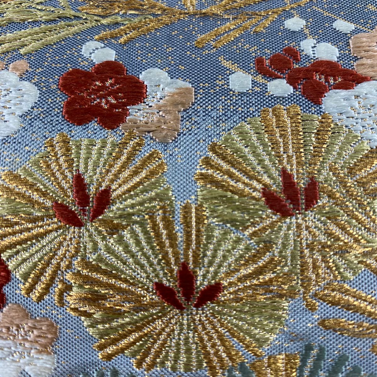 袋帶 秀品級 關西仕立 松樹竹子梅花 金糸 金金箔 奶油 六通 純蠶絲