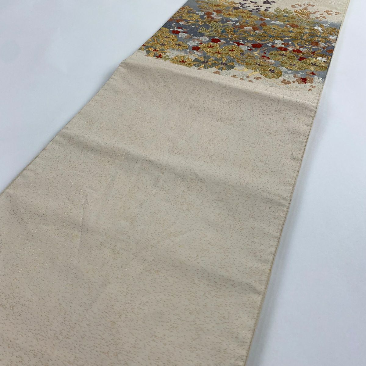 袋帶 秀品級 關西仕立 松樹竹子梅花 金糸 金金箔 奶油 六通 純蠶絲