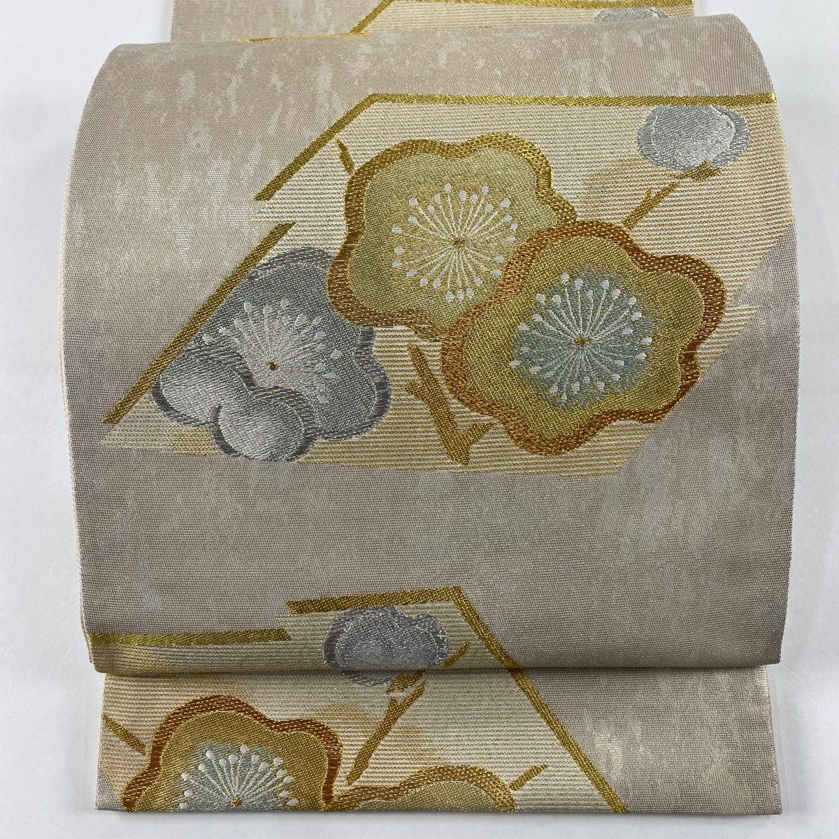 【美品】 袋帶 秀品級 彩麗 枝梅花 金銀線 金金箔 薄小豆 六通 純蠶絲