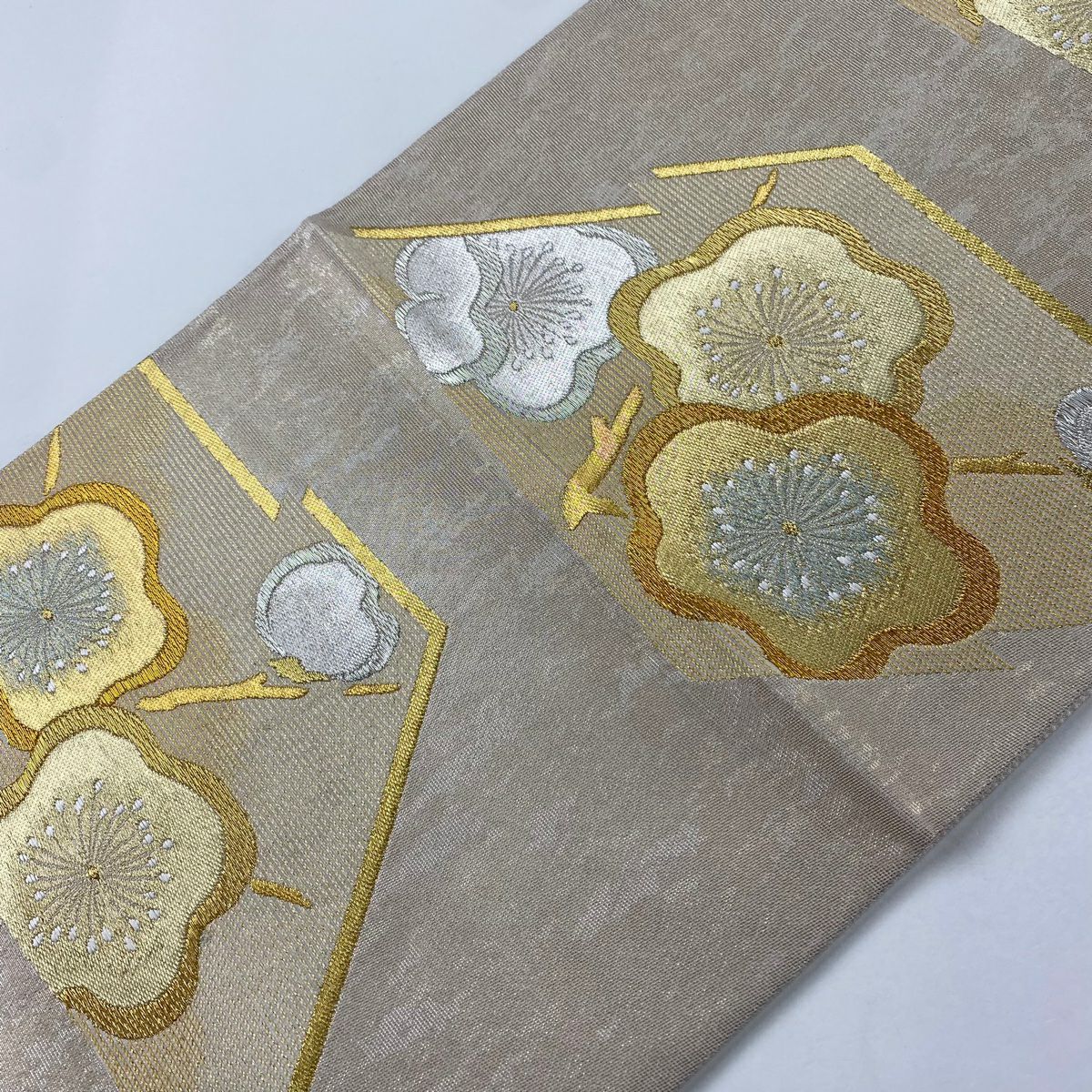 【美品】 袋帶 秀品級 彩麗 枝梅花 金銀線 金金箔 薄小豆 六通 純蠶絲
