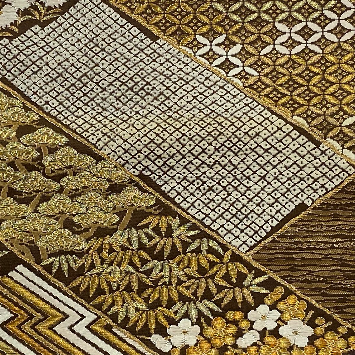 袋帶 逸品級 河合美術織物 落款あり 檜垣文 草花紋 金糸 金金箔 焦茶 六通 純蠶絲