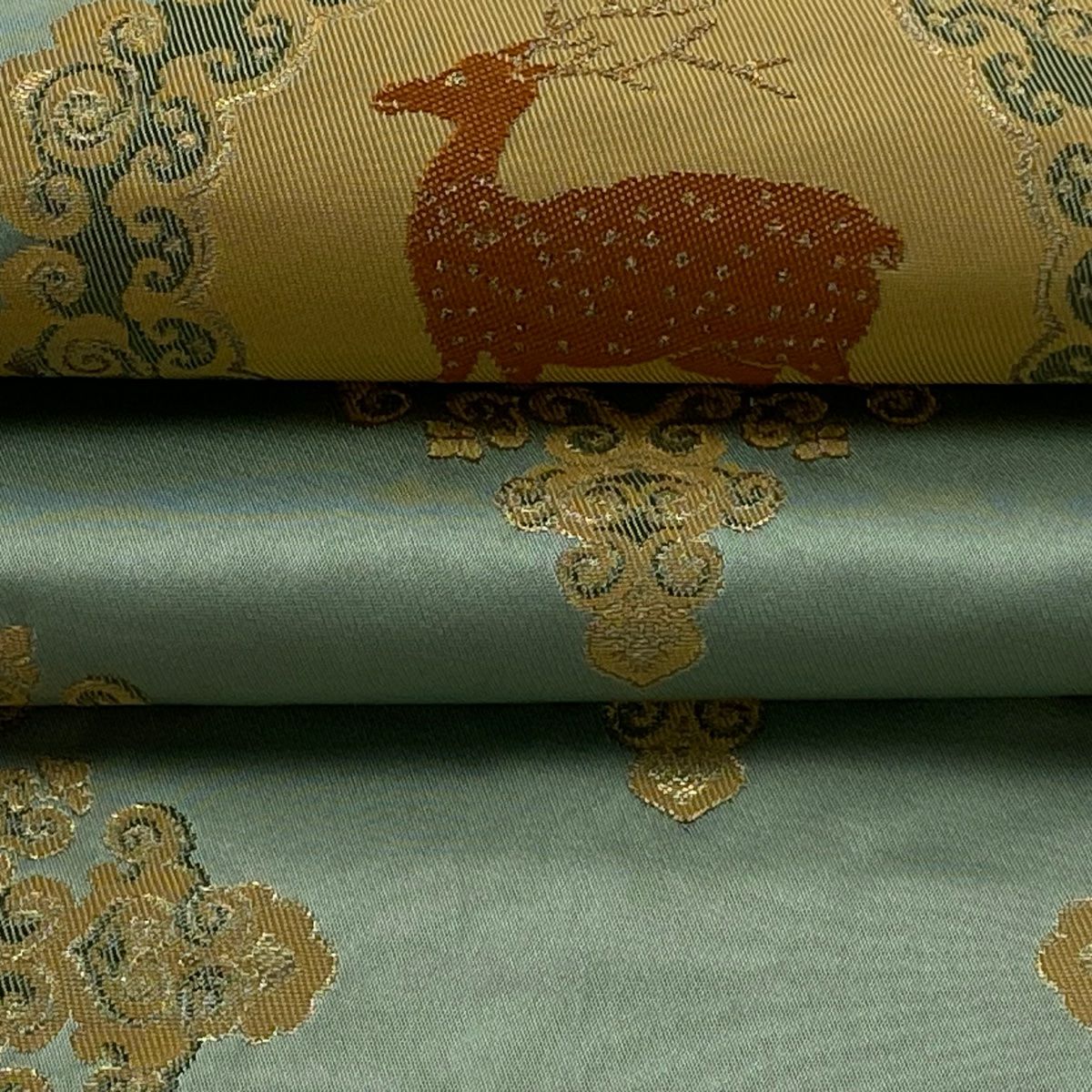 袋帶 逸品級 龍村晋 落款 鹿 華紋 金金箔 金絲 淺綠色 大鼓圖案 純蠶絲