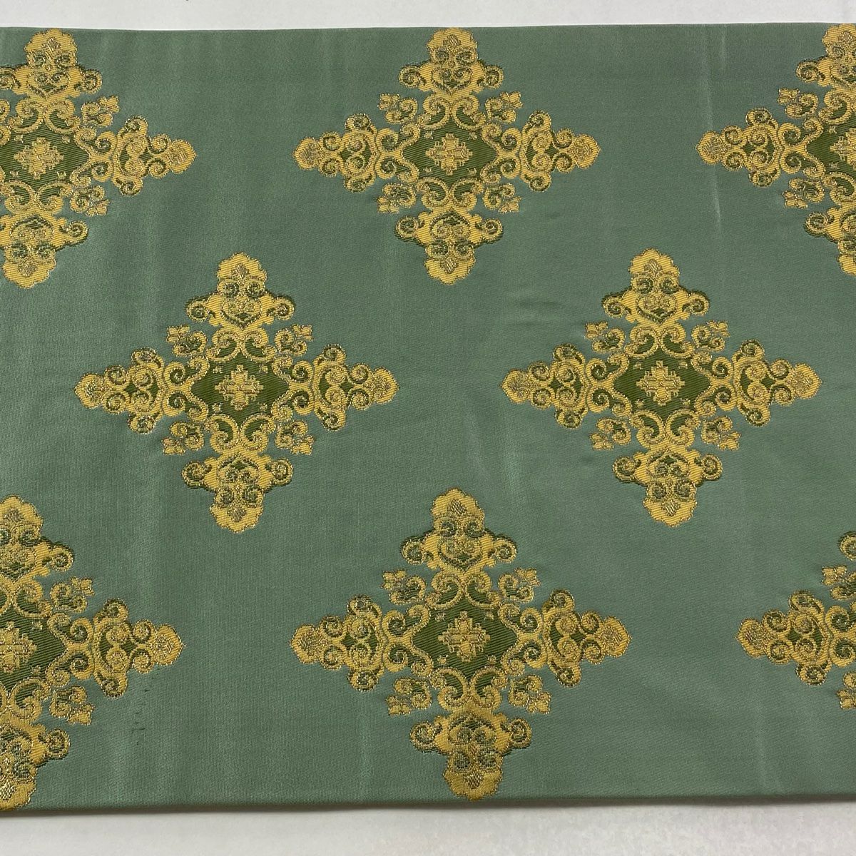 袋帶 逸品級 龍村晋 落款 鹿 華紋 金金箔 金絲 淺綠色 大鼓圖案 純蠶絲