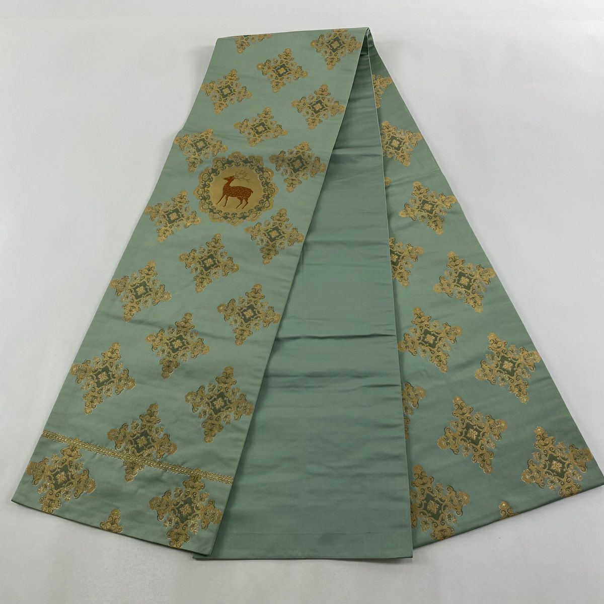 袋帶 逸品級 龍村晋 落款 鹿 華紋 金金箔 金絲 淺綠色 大鼓圖案 純蠶絲