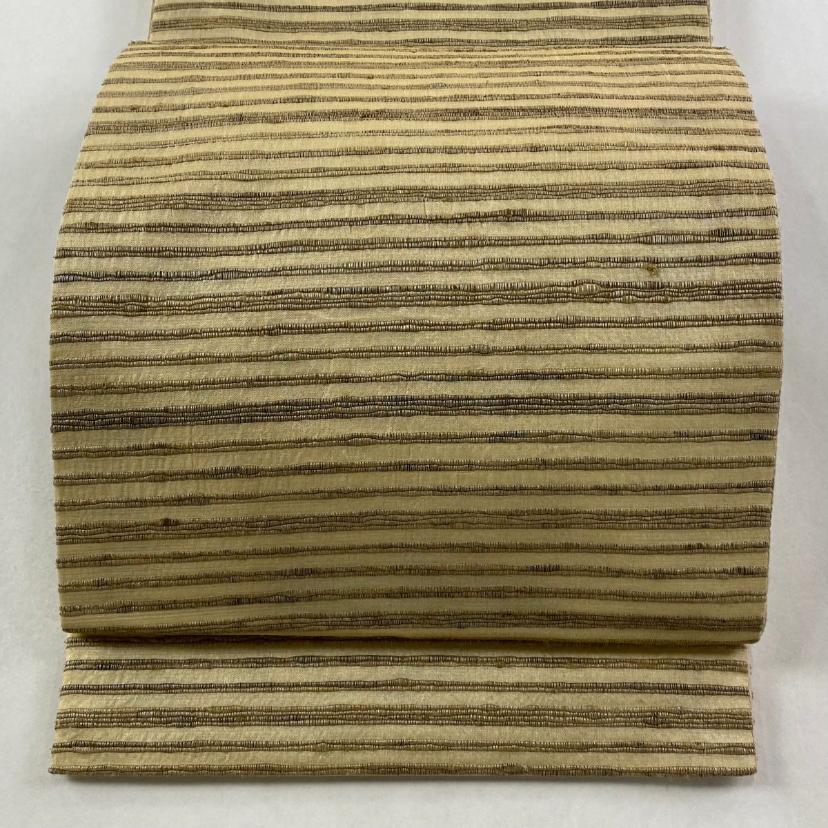 【美品】 袋帶 逸品級 紬織織 縞紋 薄茶 全通 純蠶絲