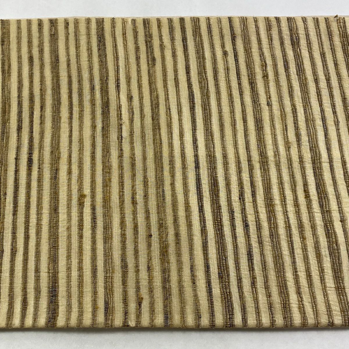 【美品】 袋帶 逸品級 紬織織 縞紋 薄茶 全通 純蠶絲
