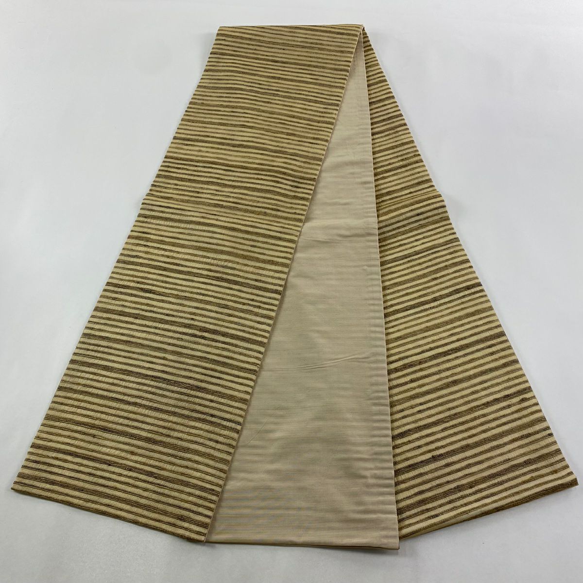 【美品】 袋帶 逸品級 紬織織 縞紋 薄茶 全通 純蠶絲
